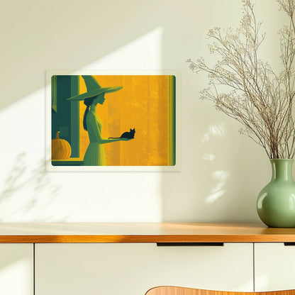 Hexe steht in orangefarbenem Licht mit ausgestreckter Hand, minimalistisch und geheimnisvoll.. Ohne Rahmen 40x30