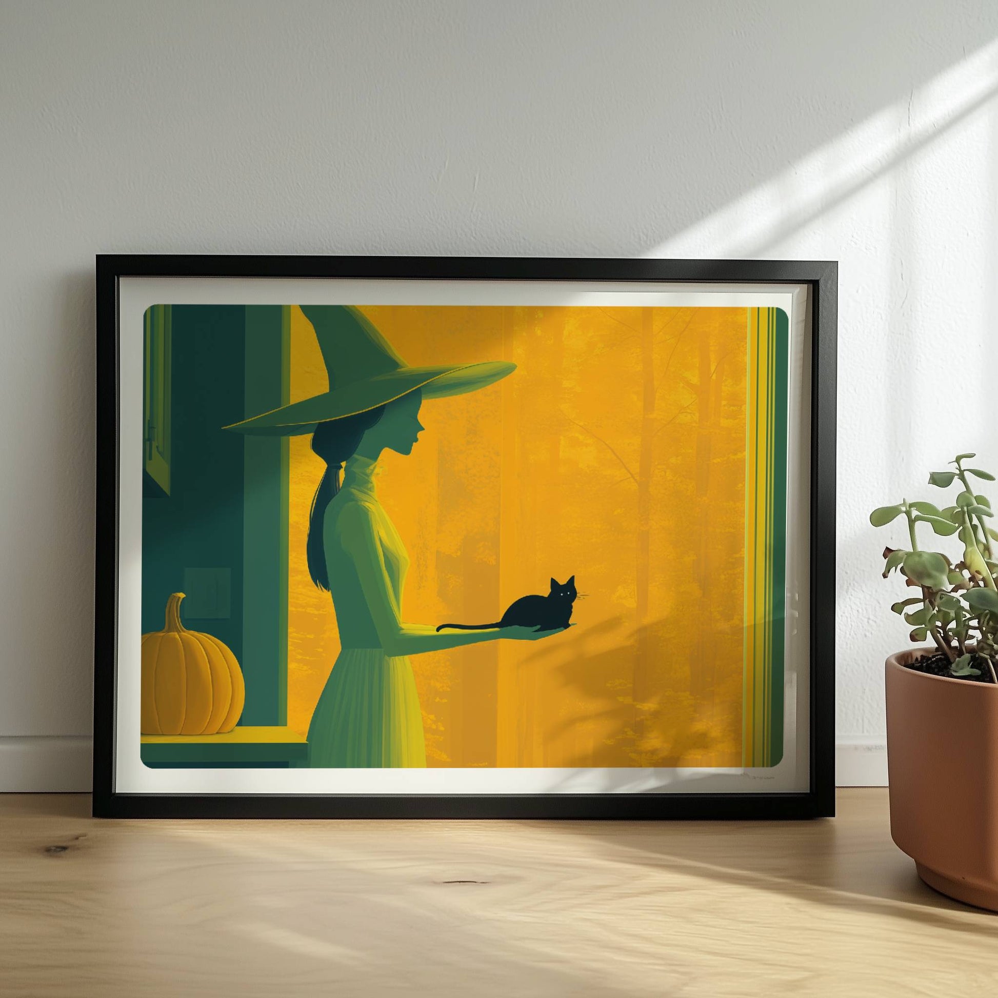 Hexe steht in orangefarbenem Licht mit ausgestreckter Hand, minimalistisch und geheimnisvoll.. Rahmen schwarz 40x30