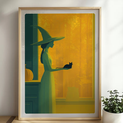 Hexe steht in orangefarbenem Licht mit ausgestreckter Hand, minimalistisch und geheimnisvoll.. Rahmen natur 50x70
