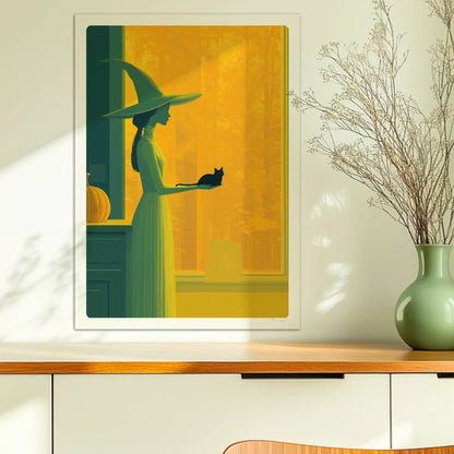 Hexe steht in orangefarbenem Licht mit ausgestreckter Hand, minimalistisch und geheimnisvoll.. Ohne Rahmen 50x70