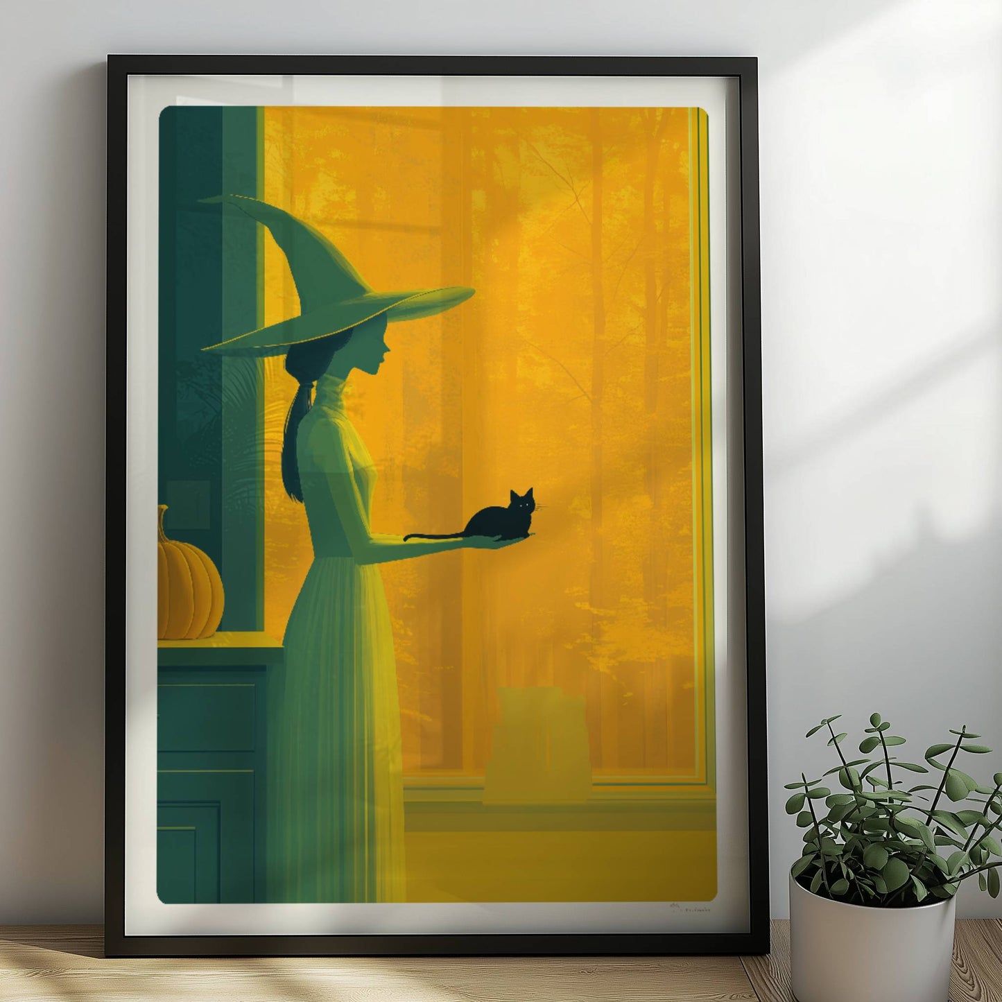 Hexe steht in orangefarbenem Licht mit ausgestreckter Hand, minimalistisch und geheimnisvoll.. Rahmen schwarz 50x70