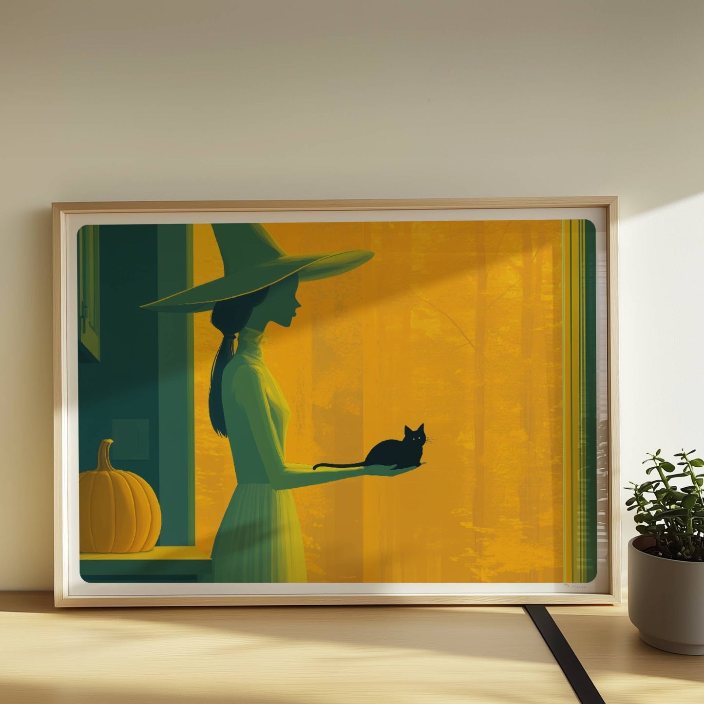 Hexe steht in orangefarbenem Licht mit ausgestreckter Hand, minimalistisch und geheimnisvoll.. Rahmen natur 70x50