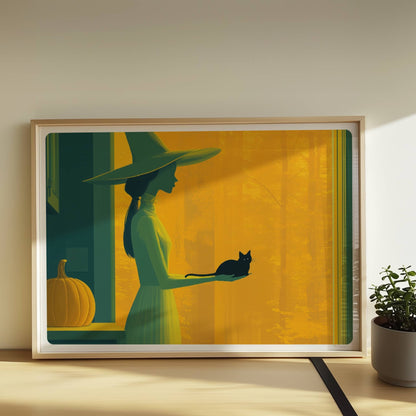 Hexe steht in orangefarbenem Licht mit ausgestreckter Hand, minimalistisch und geheimnisvoll.. Rahmen natur 70x50