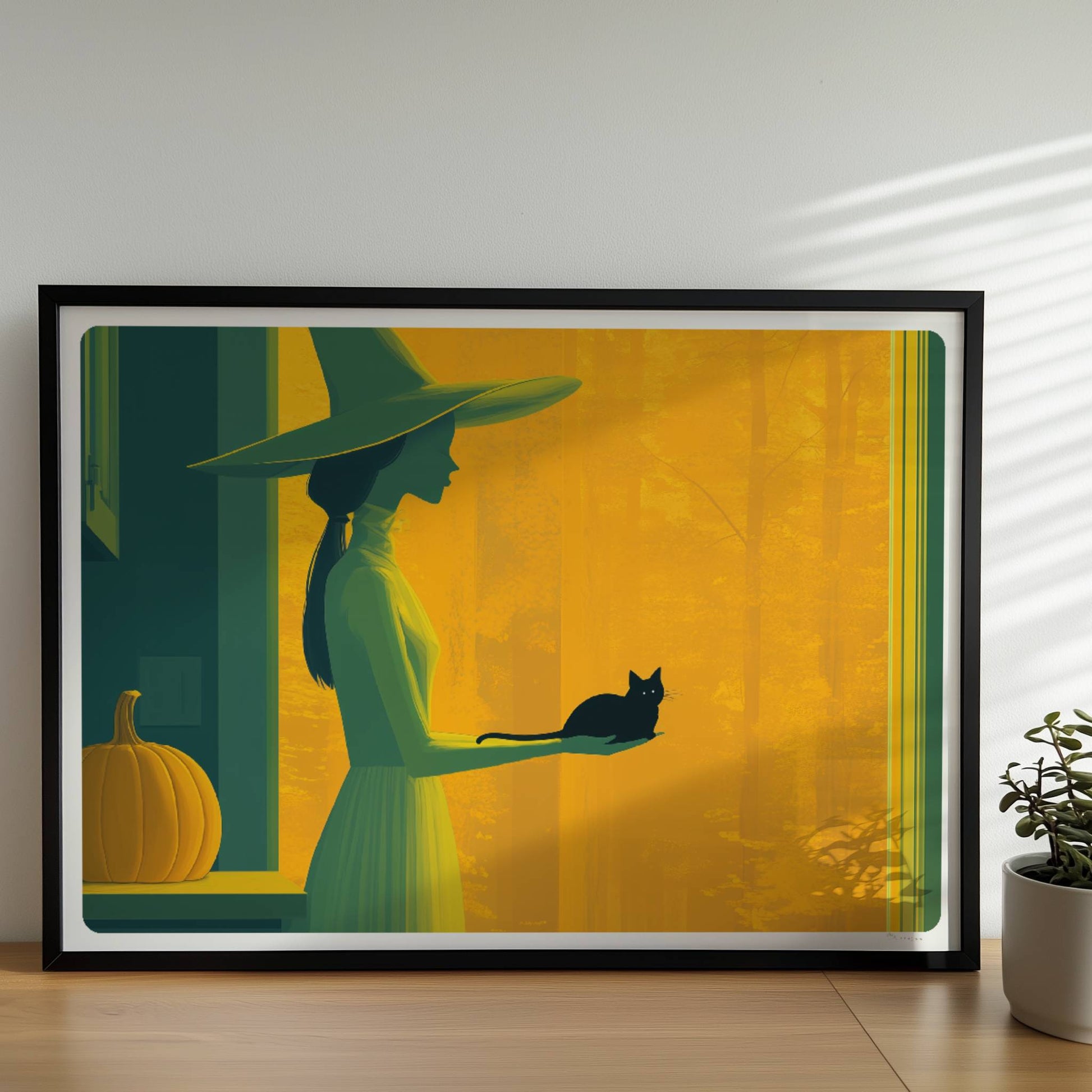 Hexe steht in orangefarbenem Licht mit ausgestreckter Hand, minimalistisch und geheimnisvoll.. Rahmen schwarz 70x50