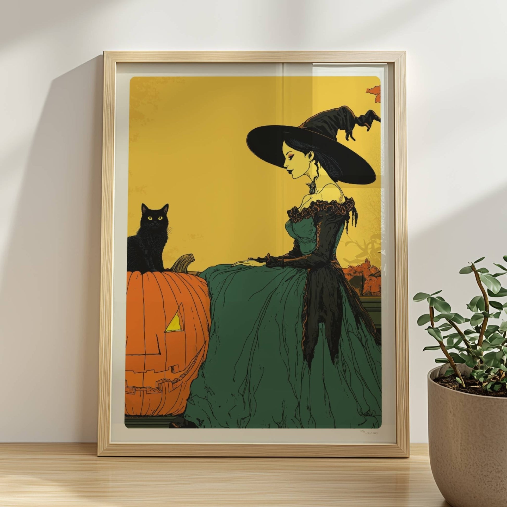 Hexe mit Katze und Kürbis unter gelbem Vollmond in einer herbstlichen Landschaft.. Rahmen natur 30x40