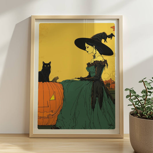 Hexe mit Katze und Kürbis unter gelbem Vollmond in einer herbstlichen Landschaft.. Rahmen natur 30x40
