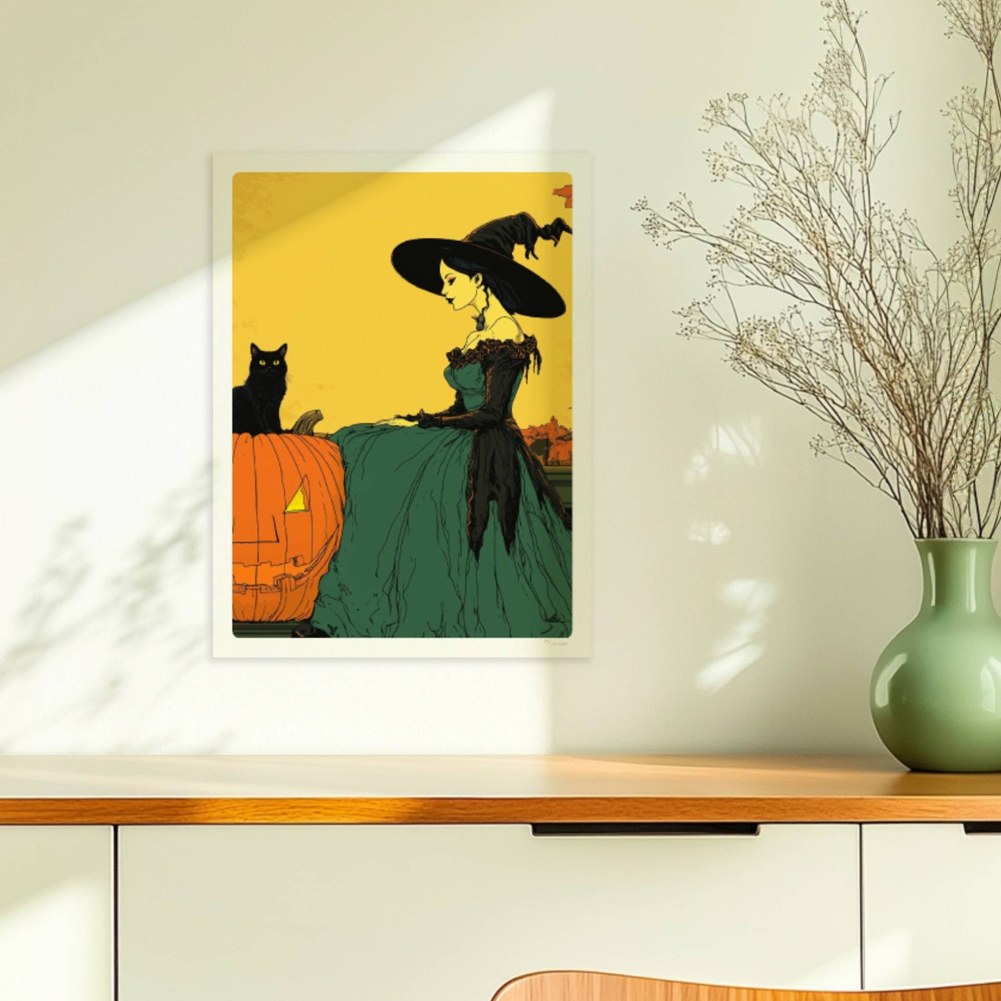 Hexe mit Katze und Kürbis unter gelbem Vollmond in einer herbstlichen Landschaft.. Ohne Rahmen 30x40