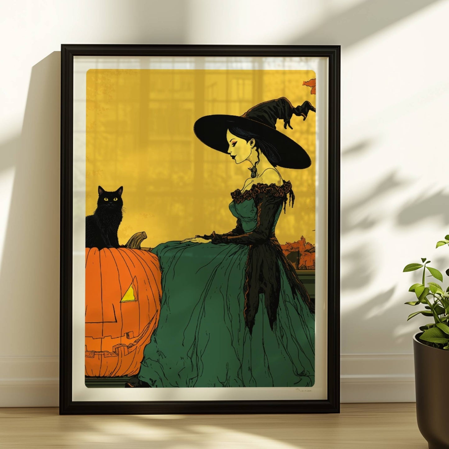 Hexe mit Katze und Kürbis unter gelbem Vollmond in einer herbstlichen Landschaft.. Rahmen schwarz 30x40