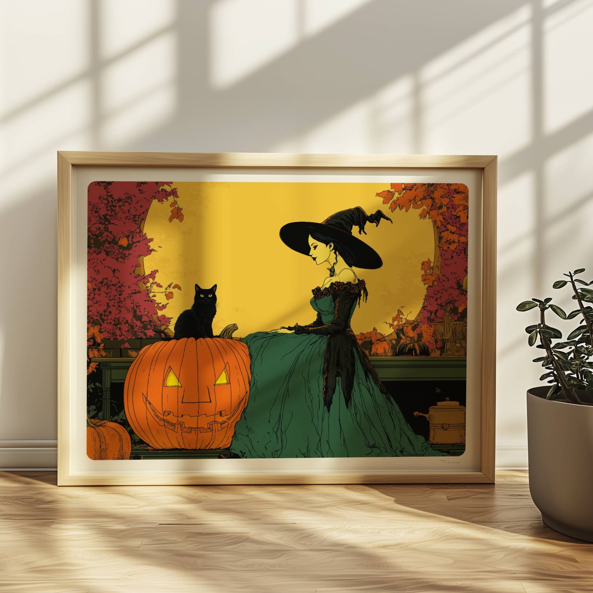 Hexe mit Katze und Kürbis unter gelbem Vollmond in einer herbstlichen Landschaft.. Rahmen natur 40x30