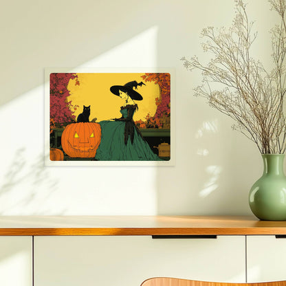 Hexe mit Katze und Kürbis unter gelbem Vollmond in einer herbstlichen Landschaft.. Ohne Rahmen 40x30
