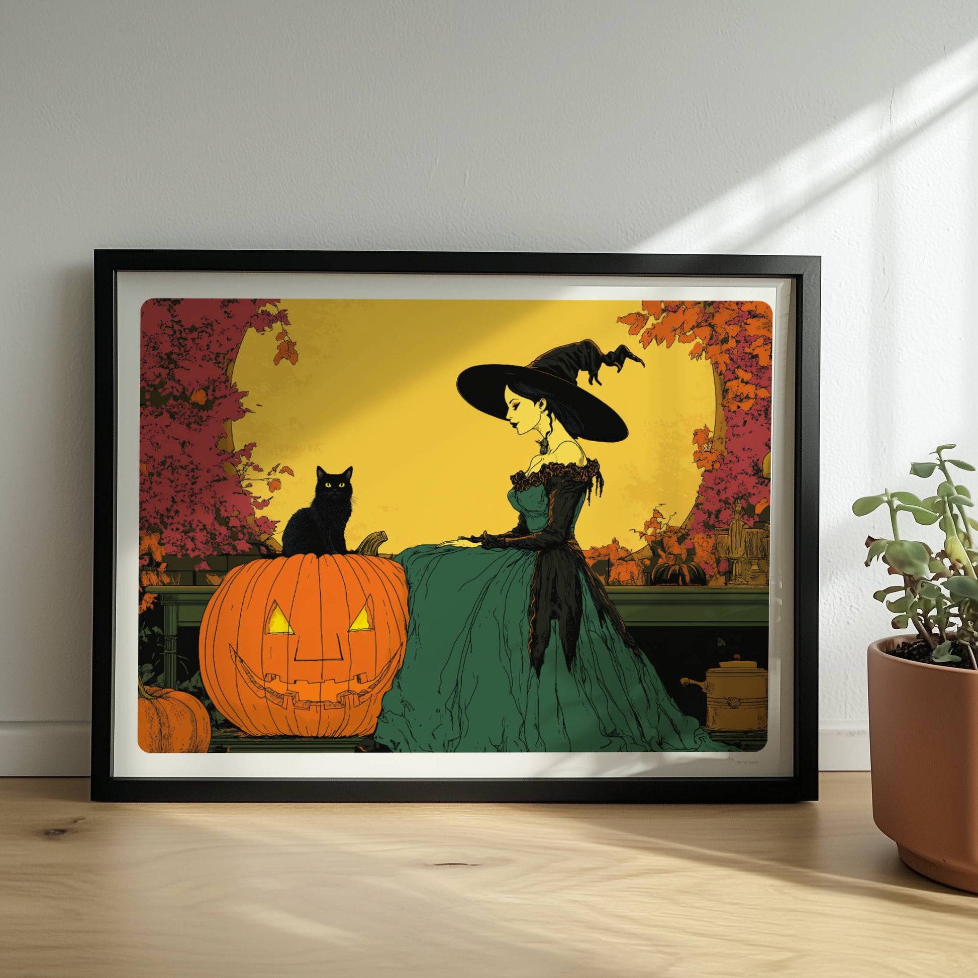 Hexe mit Katze und Kürbis unter gelbem Vollmond in einer herbstlichen Landschaft.. Rahmen schwarz 40x30