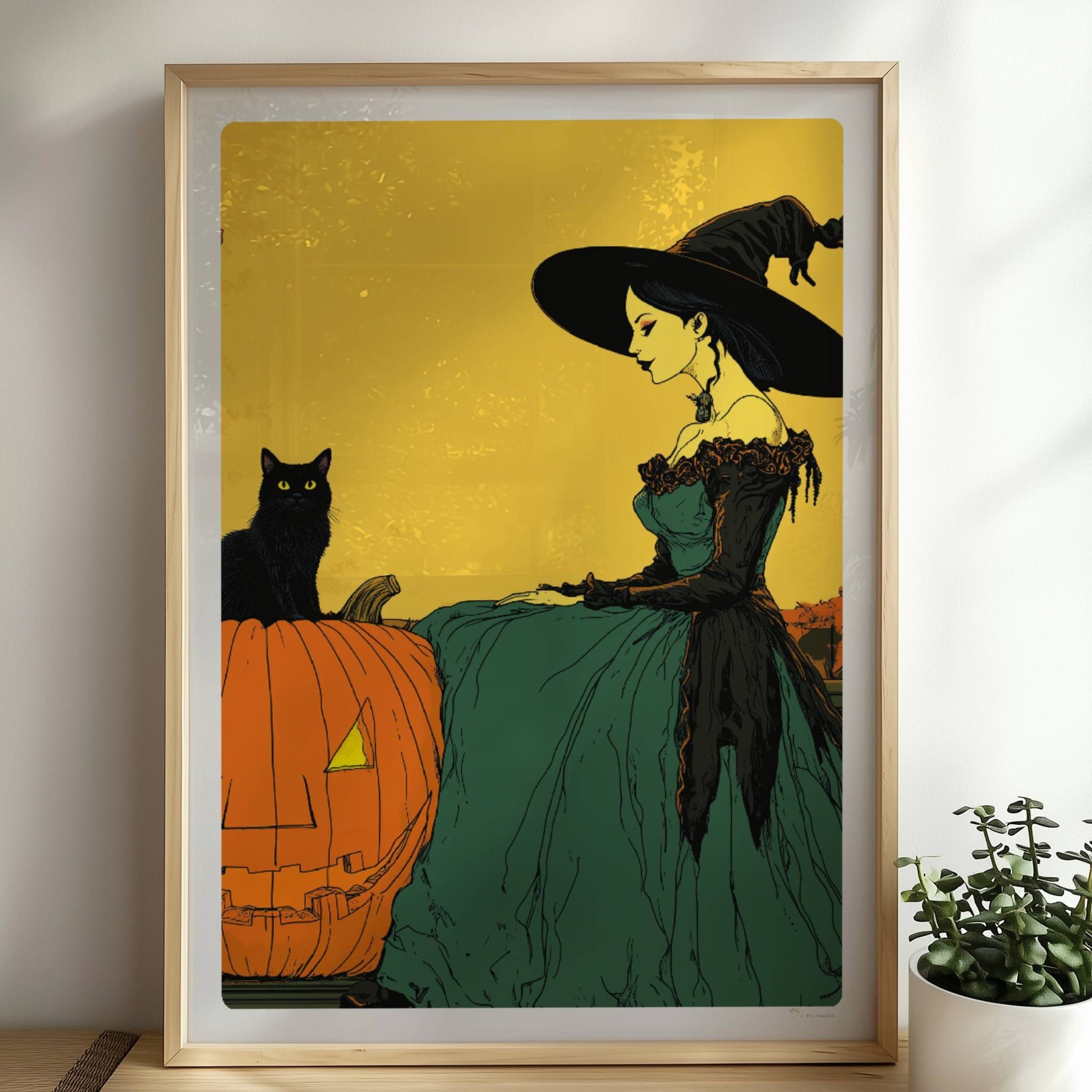 Hexe mit Katze und Kürbis unter gelbem Vollmond in einer herbstlichen Landschaft.. Rahmen natur 50x70