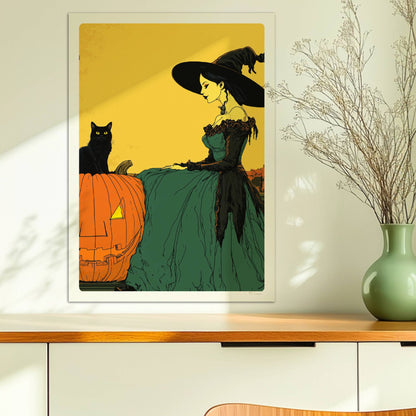 Hexe mit Katze und Kürbis unter gelbem Vollmond in einer herbstlichen Landschaft.. Ohne Rahmen 50x70