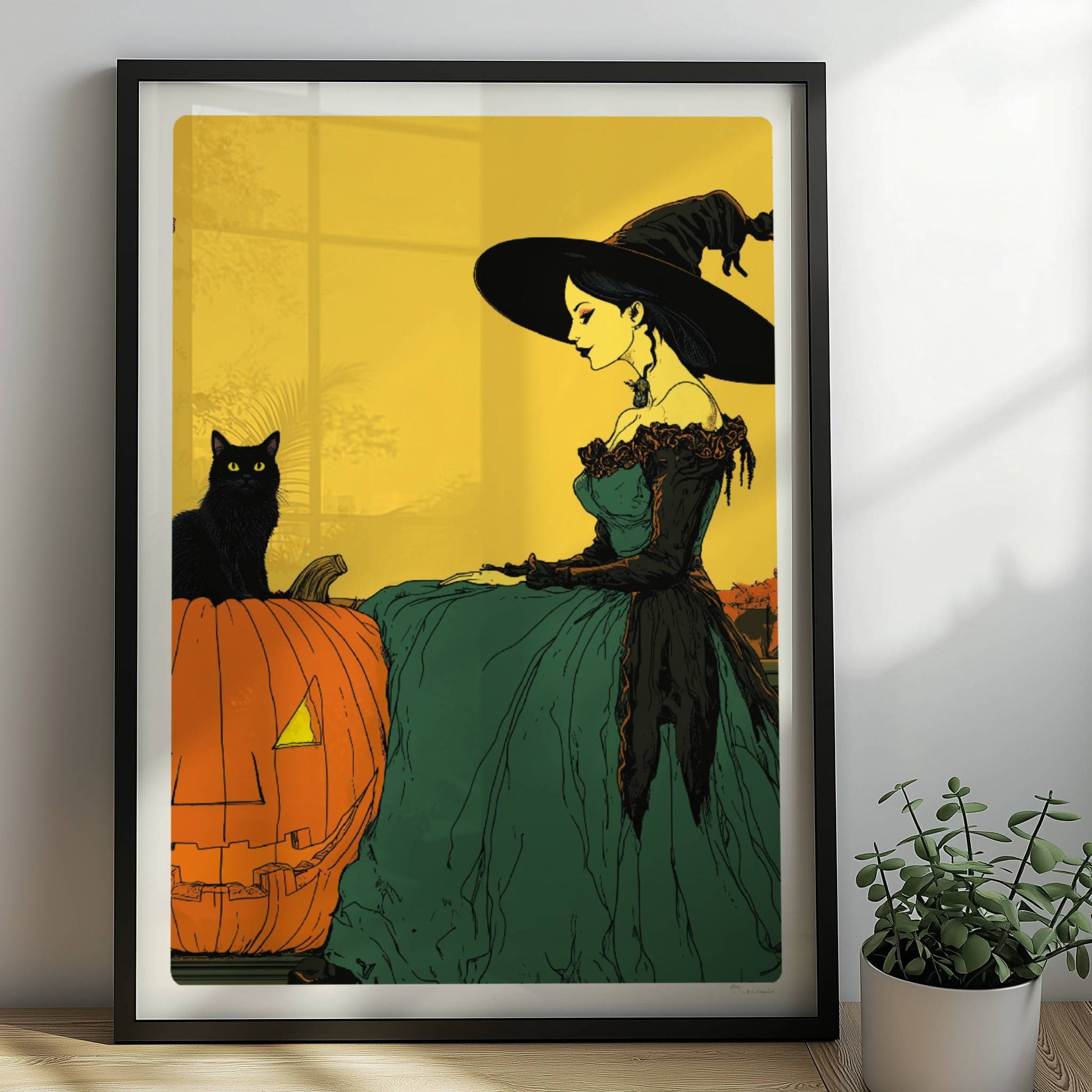 Hexe mit Katze und Kürbis unter gelbem Vollmond in einer herbstlichen Landschaft.. Rahmen schwarz 50x70