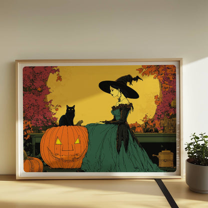 Hexe mit Katze und Kürbis unter gelbem Vollmond in einer herbstlichen Landschaft.. Rahmen natur 70x50