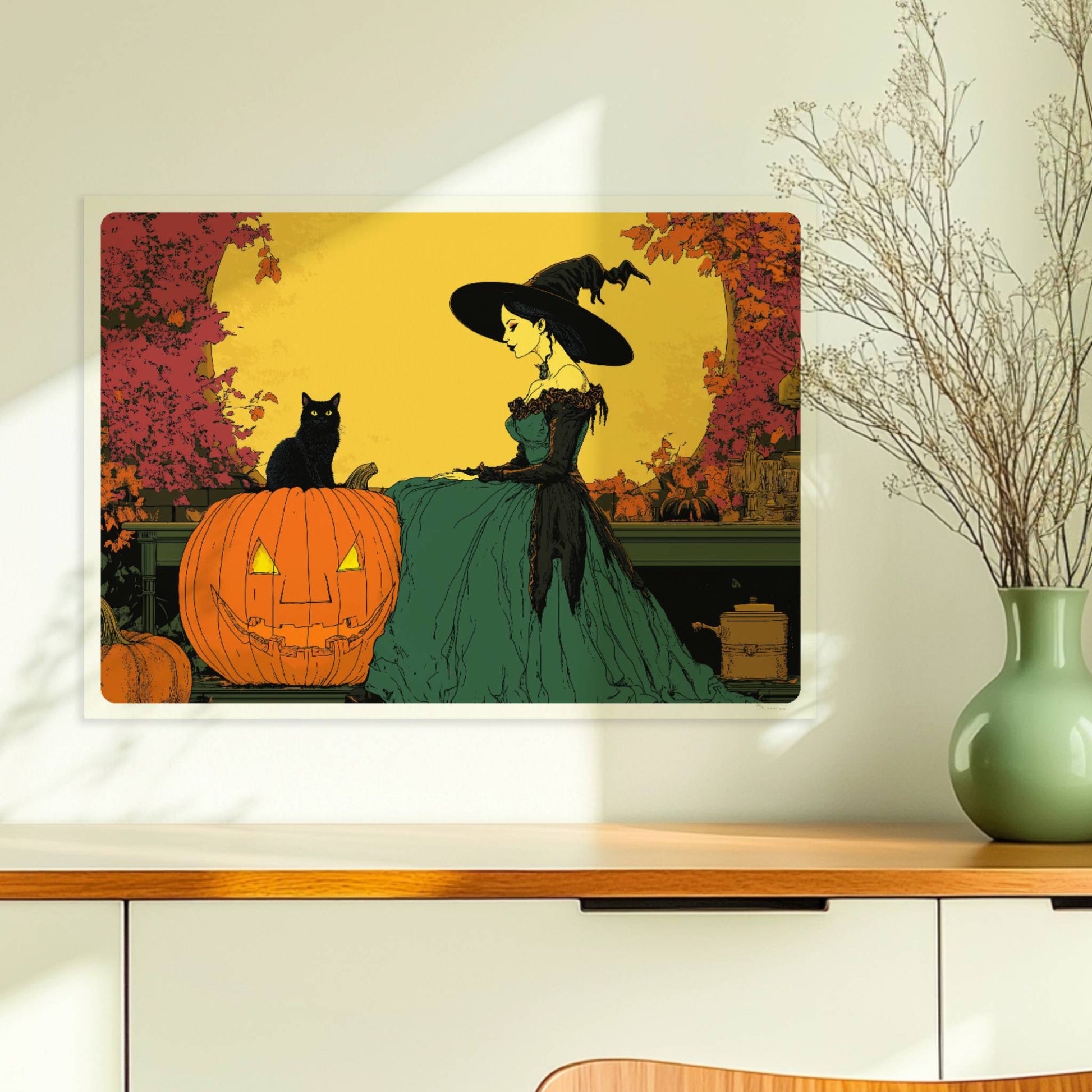 Hexe mit Katze und Kürbis unter gelbem Vollmond in einer herbstlichen Landschaft.. Ohne Rahmen 70x50