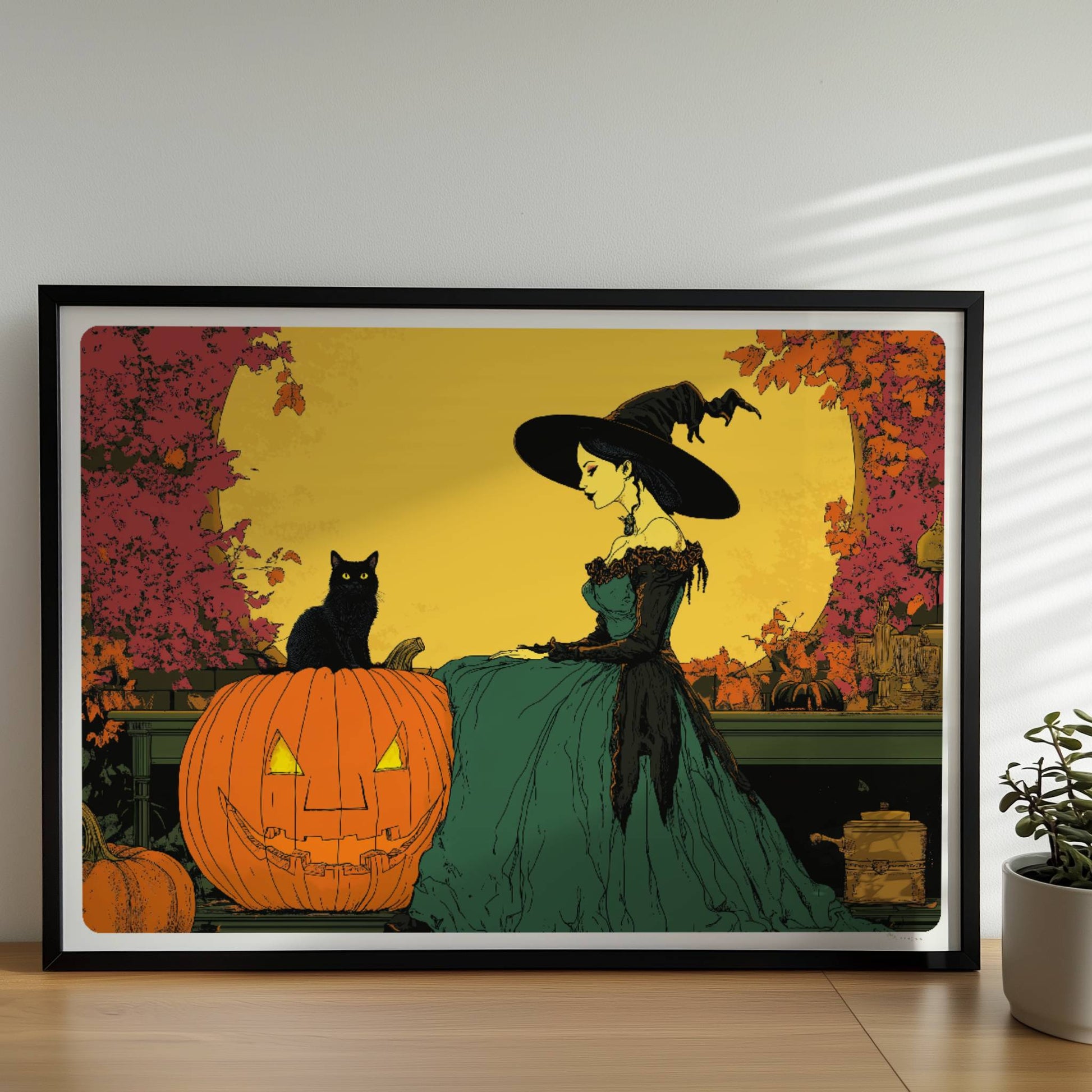 Hexe mit Katze und Kürbis unter gelbem Vollmond in einer herbstlichen Landschaft.. Rahmen schwarz 70x50