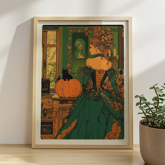 Elegante Hexe in viktorianischem Kleid mit Kürbisdeko in grün-goldener Halloween-Kulisse.. Rahmen natur 30x40