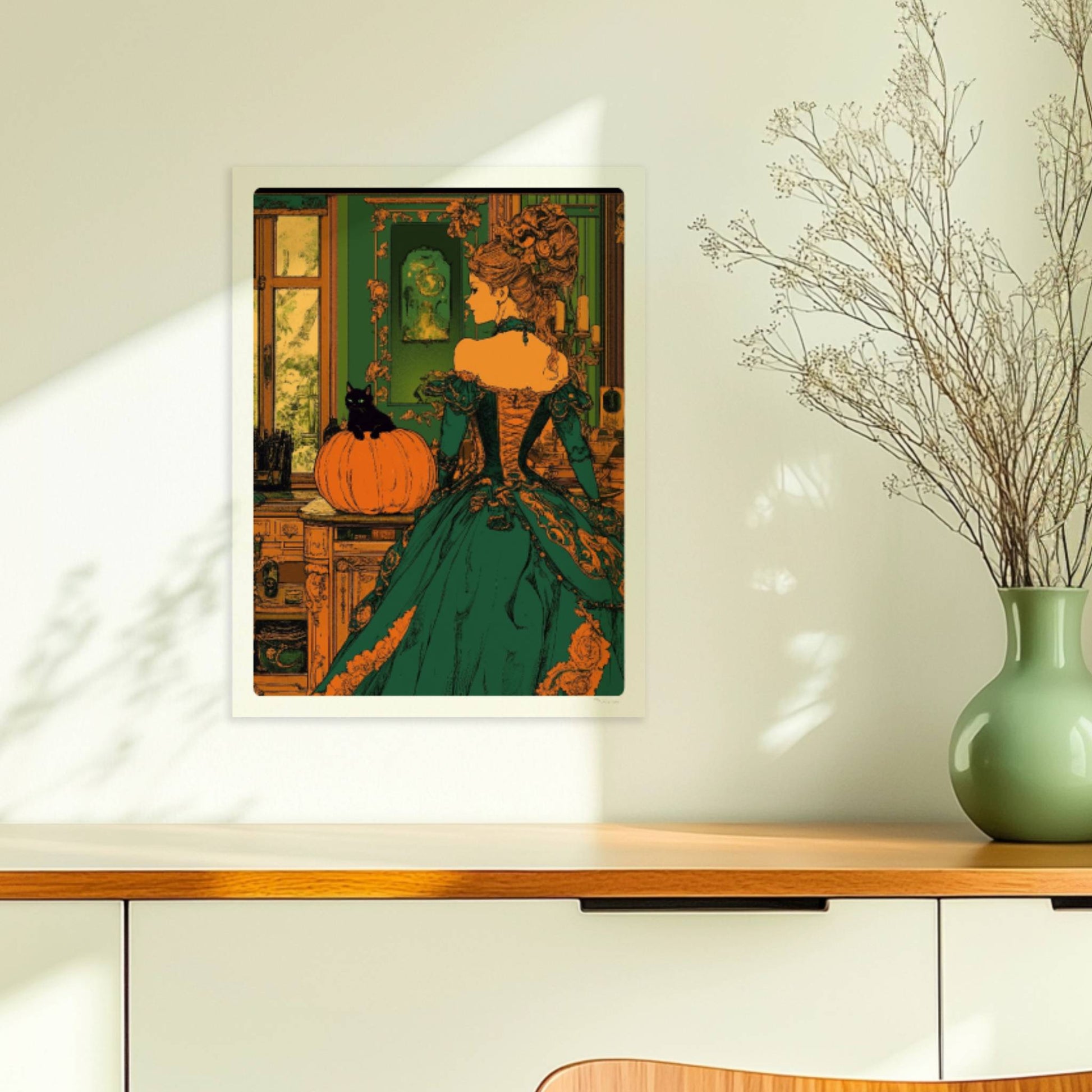 Elegante Hexe in viktorianischem Kleid mit Kürbisdeko in grün-goldener Halloween-Kulisse.. Ohne Rahmen 30x40