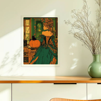 Elegante Hexe in viktorianischem Kleid mit Kürbisdeko in grün-goldener Halloween-Kulisse.. Ohne Rahmen 30x40
