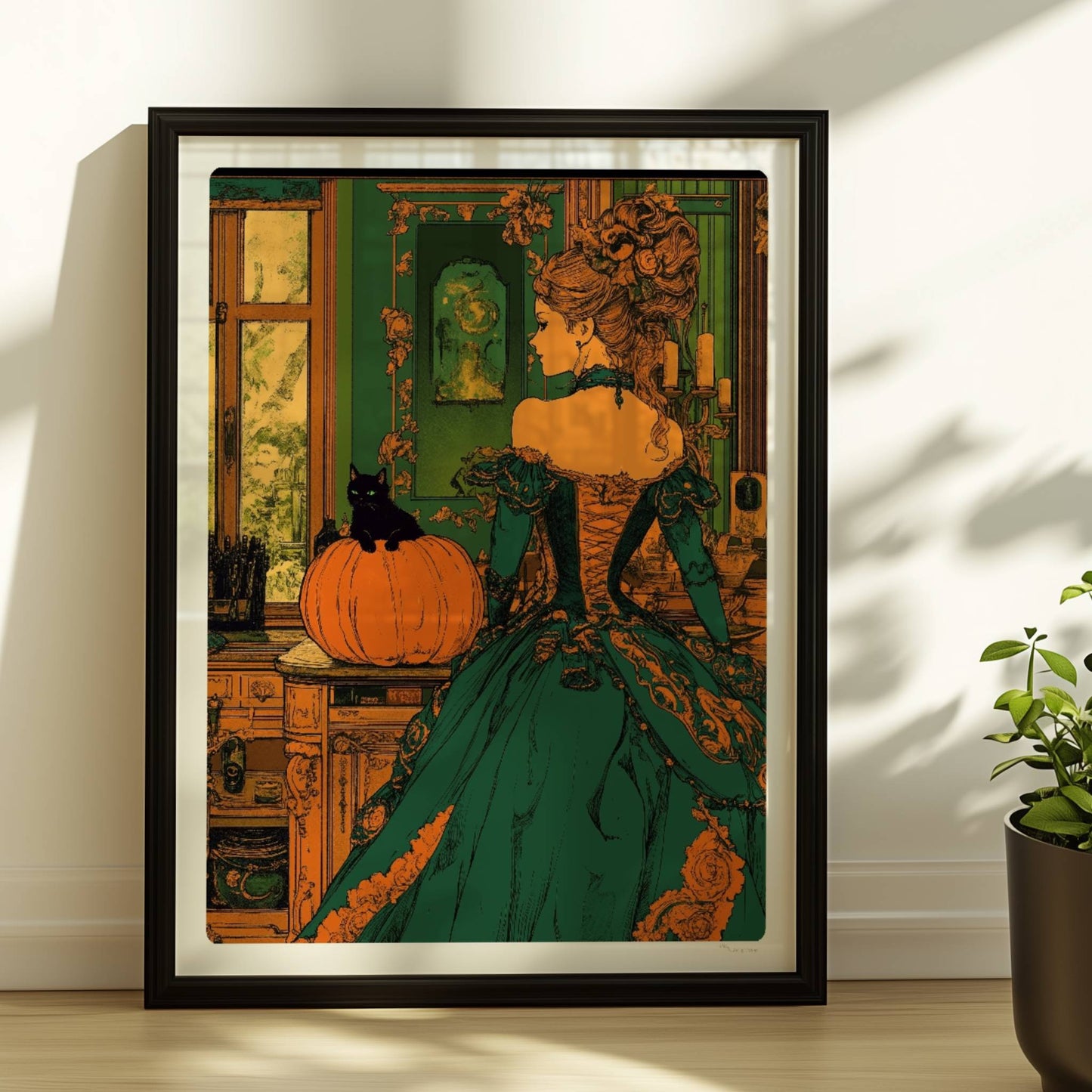 Elegante Hexe in viktorianischem Kleid mit Kürbisdeko in grün-goldener Halloween-Kulisse.. Rahmen schwarz 30x40