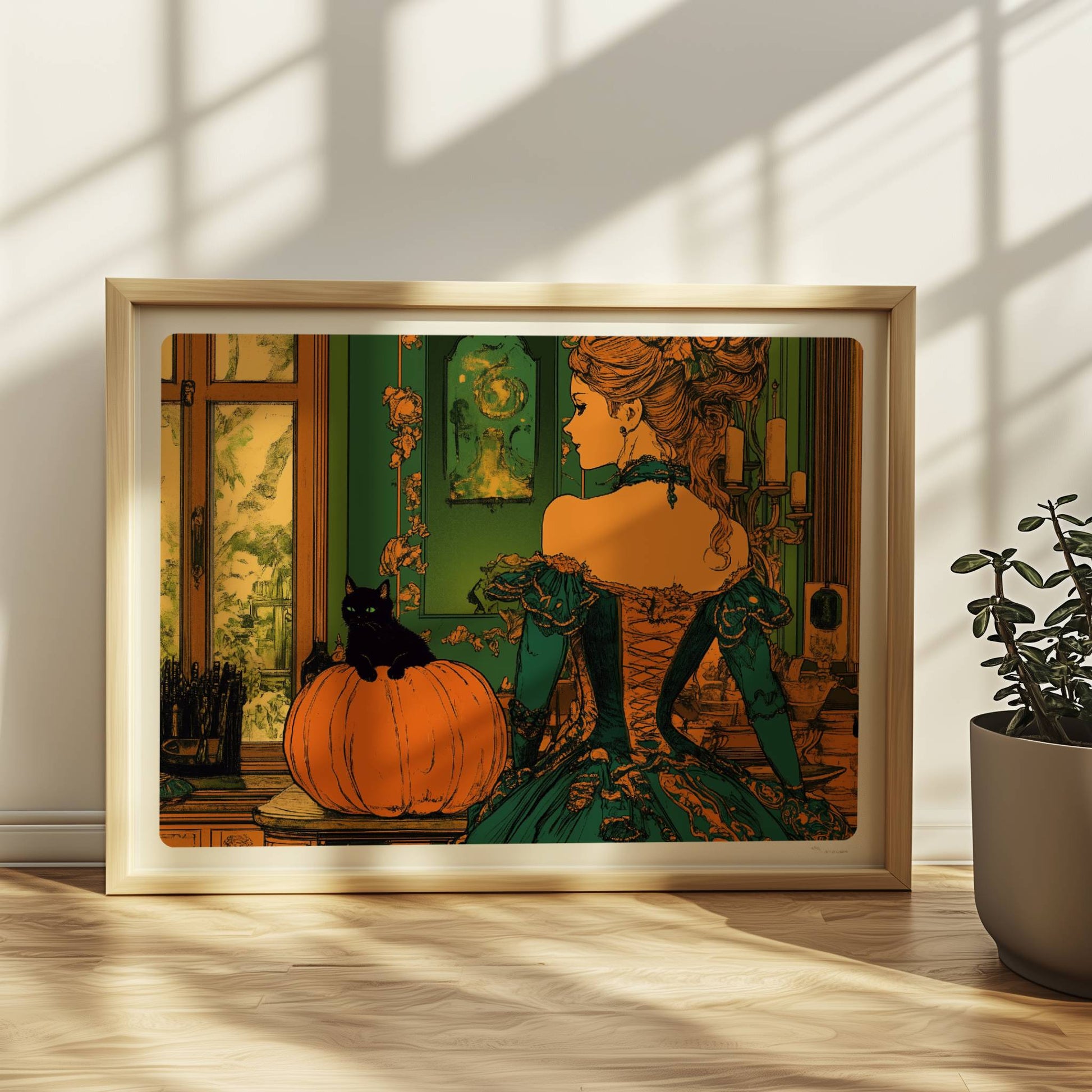 Elegante Hexe in viktorianischem Kleid mit Kürbisdeko in grün-goldener Halloween-Kulisse.. Rahmen natur 40x30