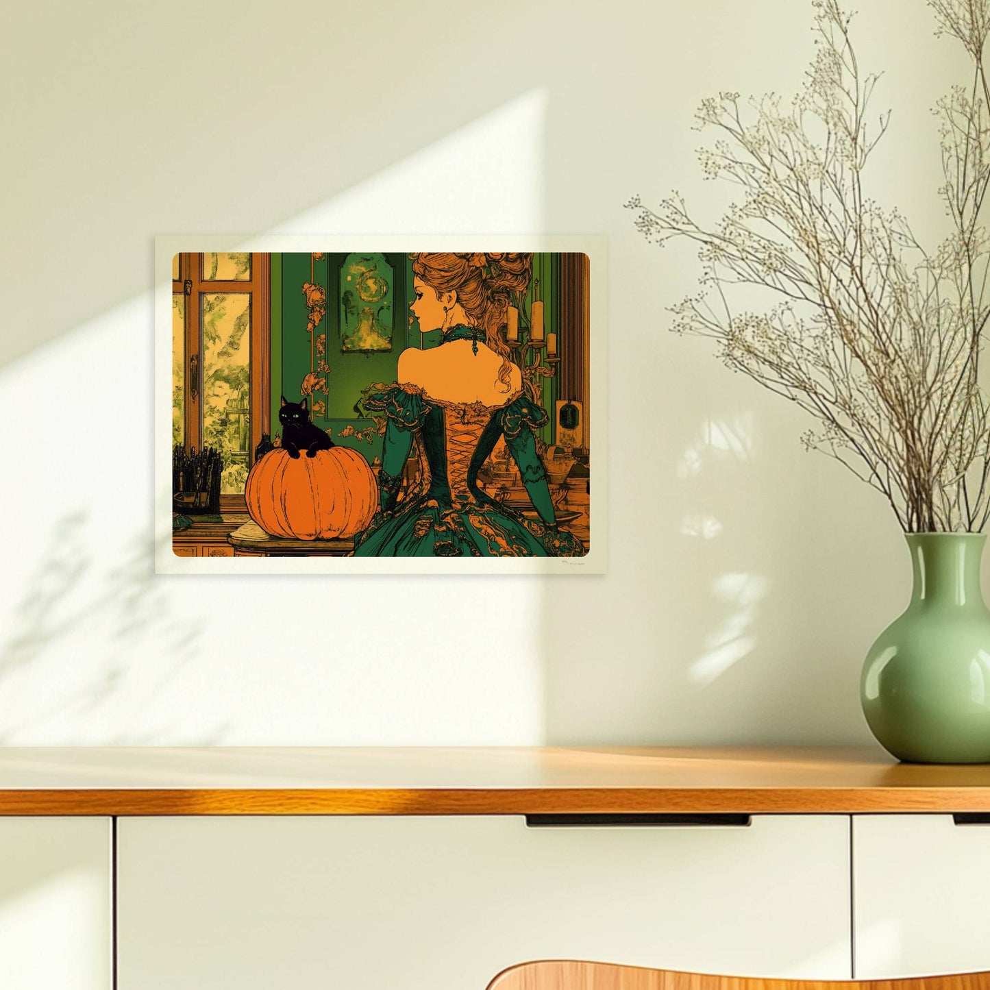 Elegante Hexe in viktorianischem Kleid mit Kürbisdeko in grün-goldener Halloween-Kulisse.. Ohne Rahmen 40x30