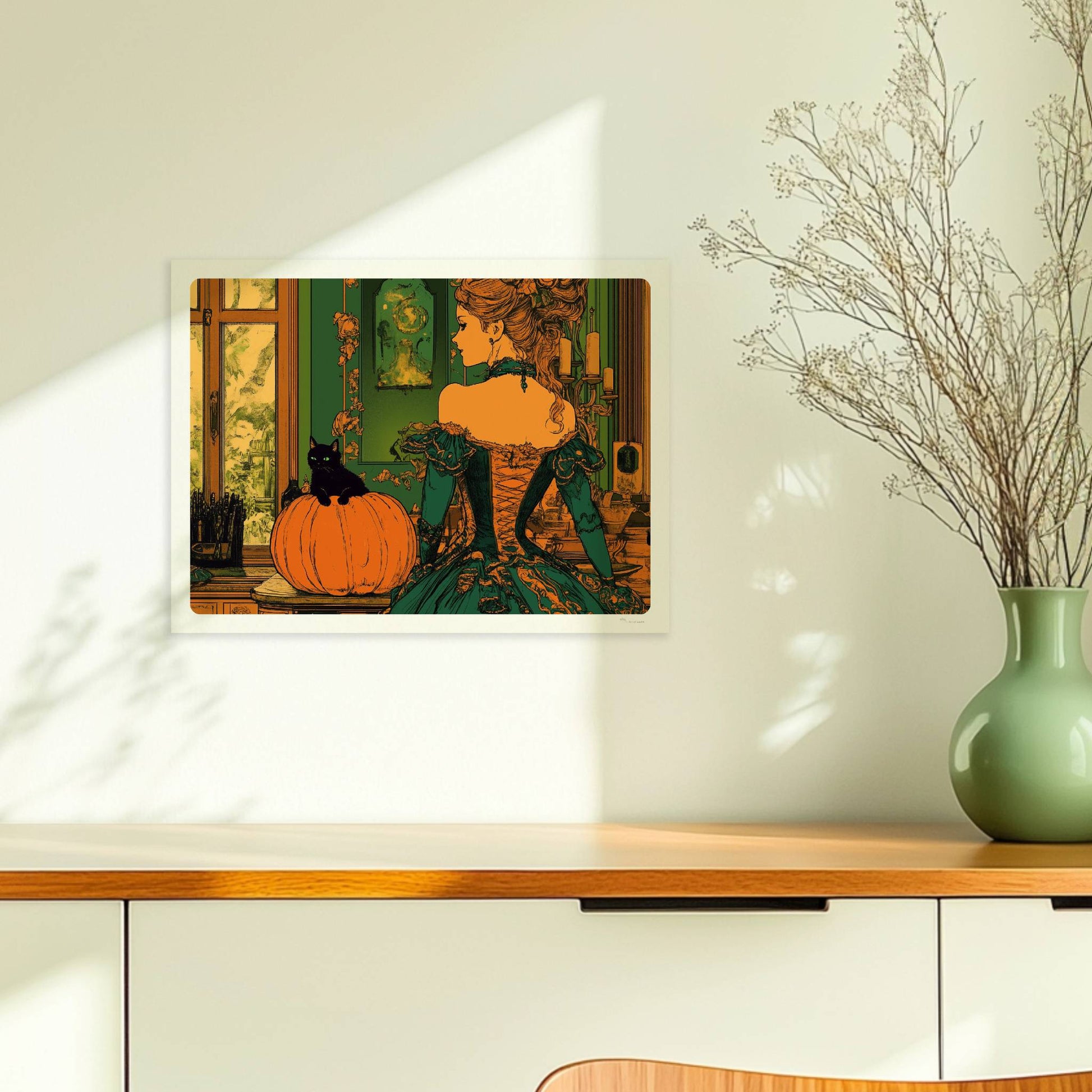 Elegante Hexe in viktorianischem Kleid mit Kürbisdeko in grün-goldener Halloween-Kulisse.. Ohne Rahmen 40x30