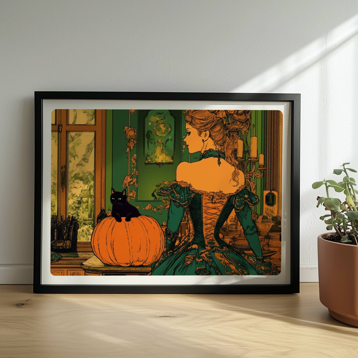 Elegante Hexe in viktorianischem Kleid mit Kürbisdeko in grün-goldener Halloween-Kulisse.. Rahmen schwarz 40x30