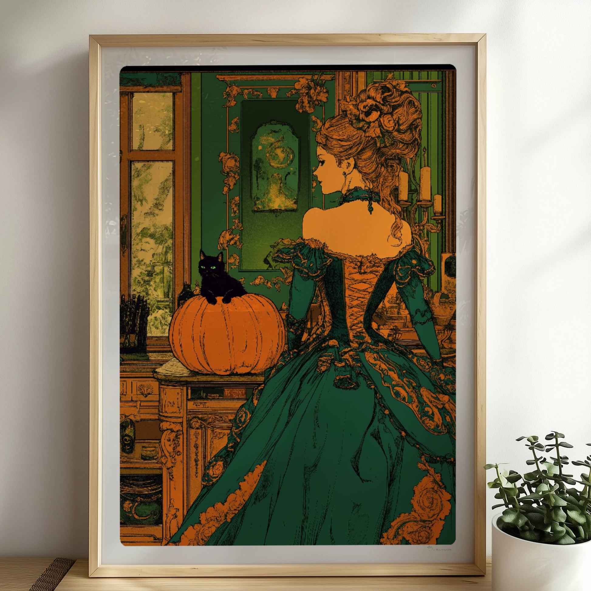 Elegante Hexe in viktorianischem Kleid mit Kürbisdeko in grün-goldener Halloween-Kulisse.. Rahmen natur 50x70