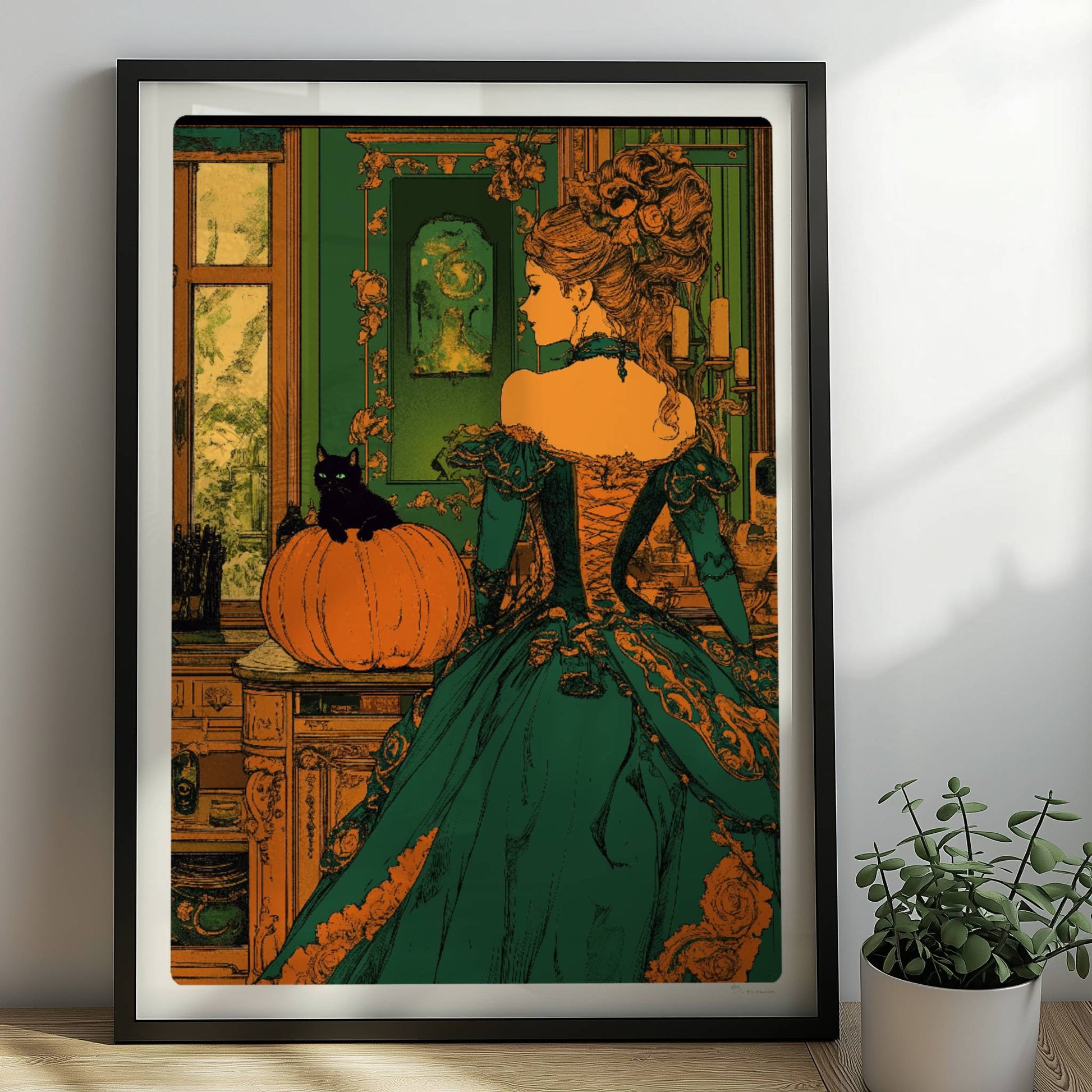 Elegante Hexe in viktorianischem Kleid mit Kürbisdeko in grün-goldener Halloween-Kulisse.. Rahmen schwarz 50x70