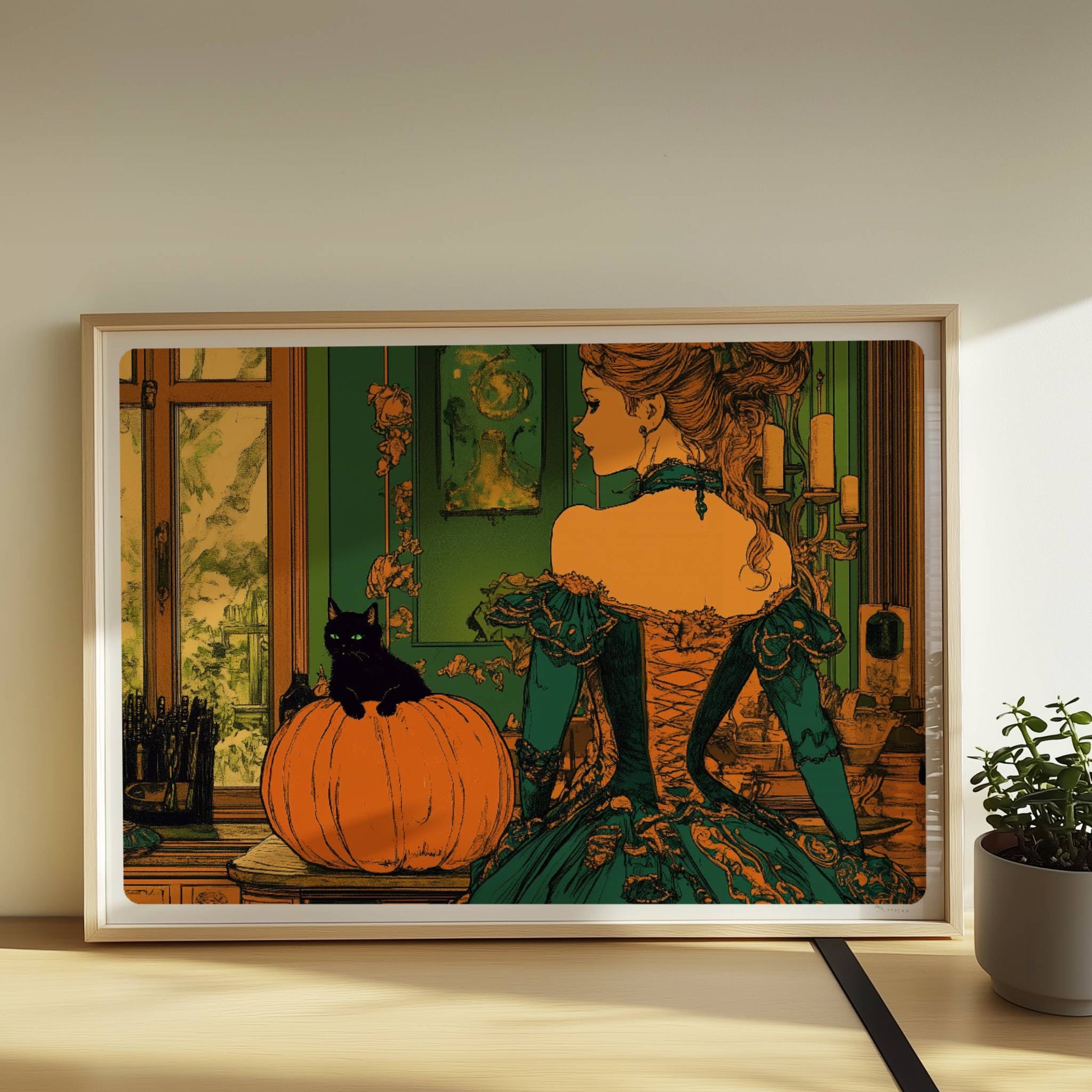 Elegante Hexe in viktorianischem Kleid mit Kürbisdeko in grün-goldener Halloween-Kulisse.. Rahmen natur 70x50