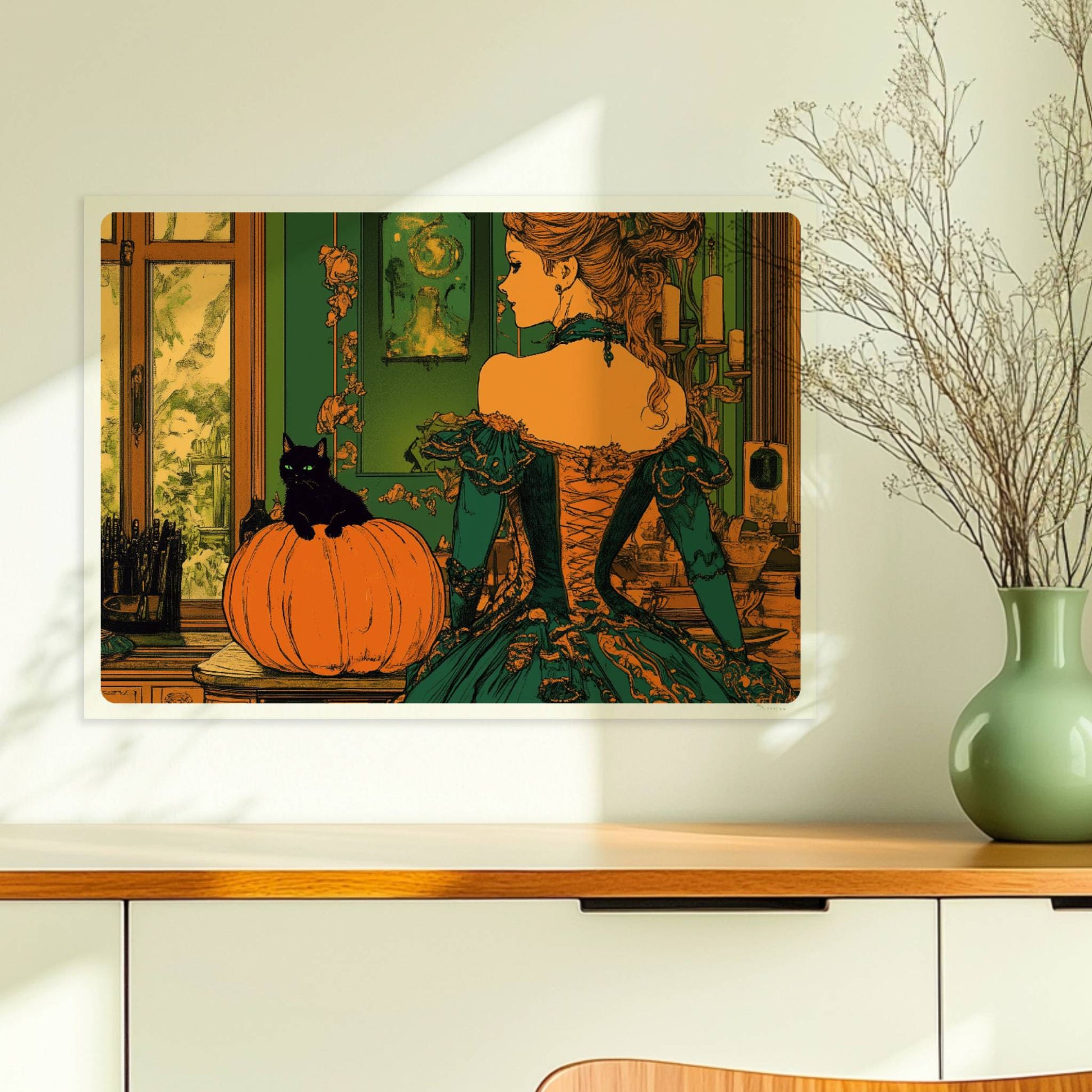 Elegante Hexe in viktorianischem Kleid mit Kürbisdeko in grün-goldener Halloween-Kulisse.. Ohne Rahmen 70x50