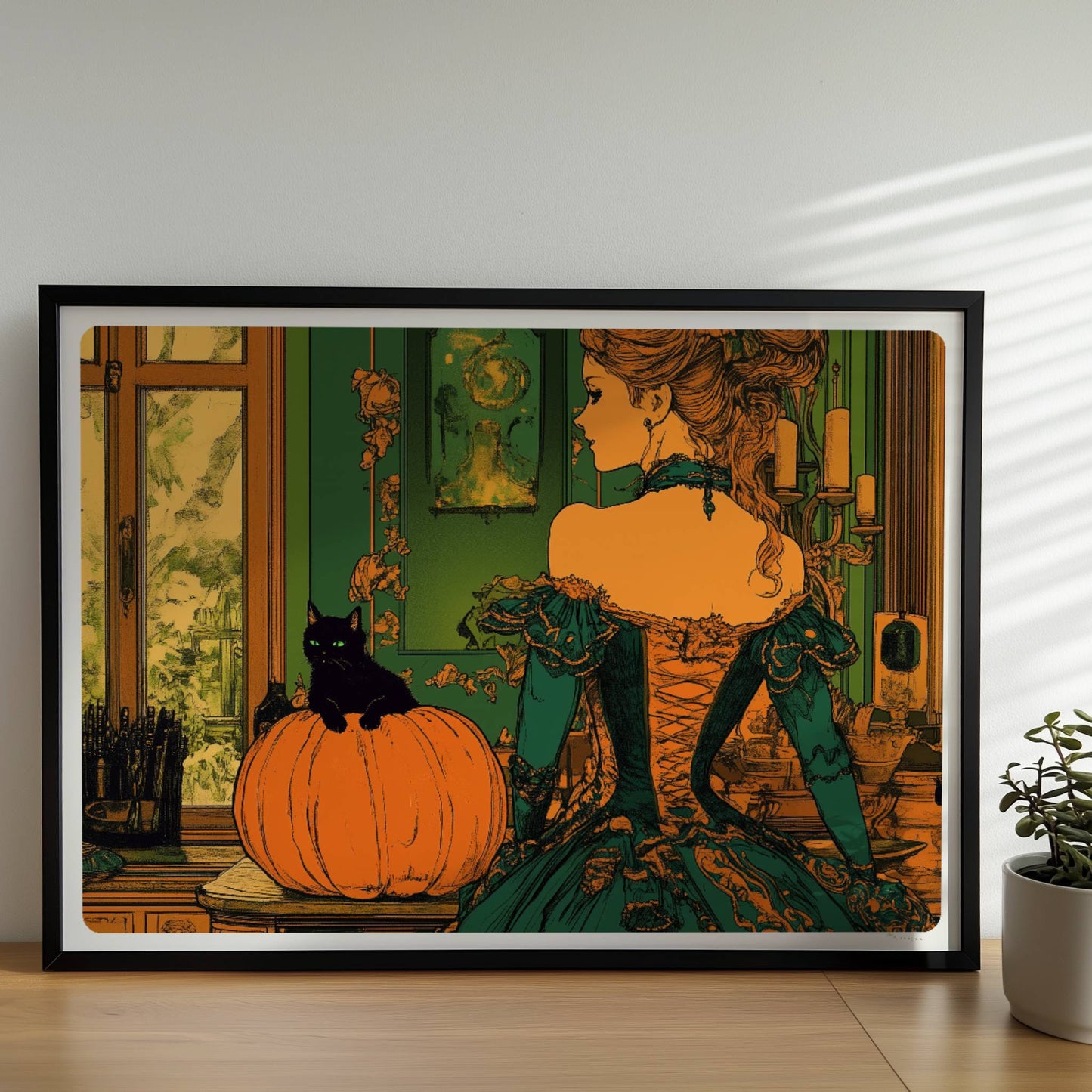 Elegante Hexe in viktorianischem Kleid mit Kürbisdeko in grün-goldener Halloween-Kulisse.. Rahmen schwarz 70x50