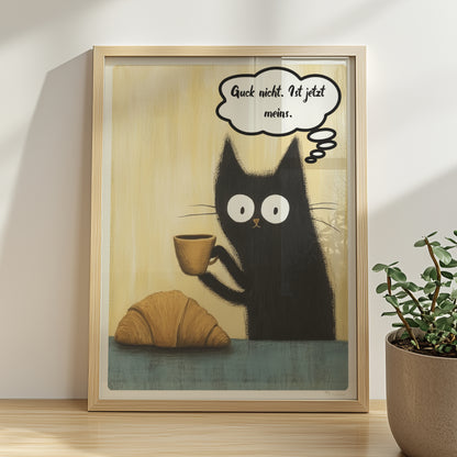 Schwarze Katzen mit großen Augen und frechem Spruch. Sprechblase mit Text "Guck nich. Ist jetzt meins"