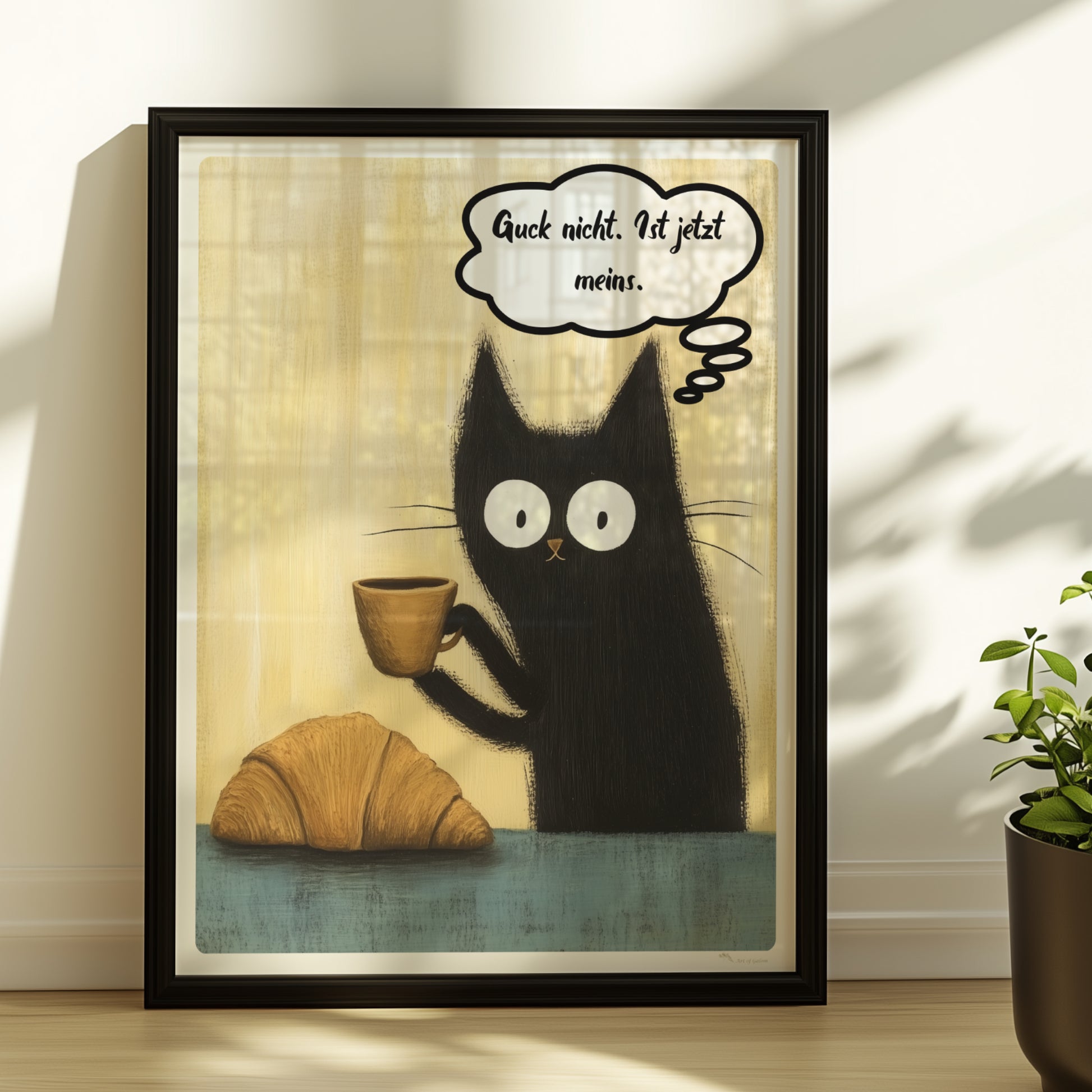 Schwarze Katzen mit großen Augen und frechem Spruch. Sprechblase mit Text "Guck nich. Ist jetzt meins"