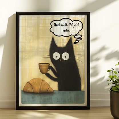 Schwarze Katzen mit großen Augen und frechem Spruch. Sprechblase mit Text "Guck nich. Ist jetzt meins"