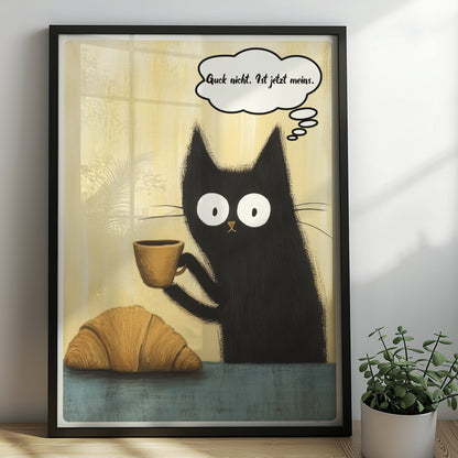 Schwarze Katzen mit großen Augen und frechem Spruch. Sprechblase mit Text "Guck nich. Ist jetzt meins"
