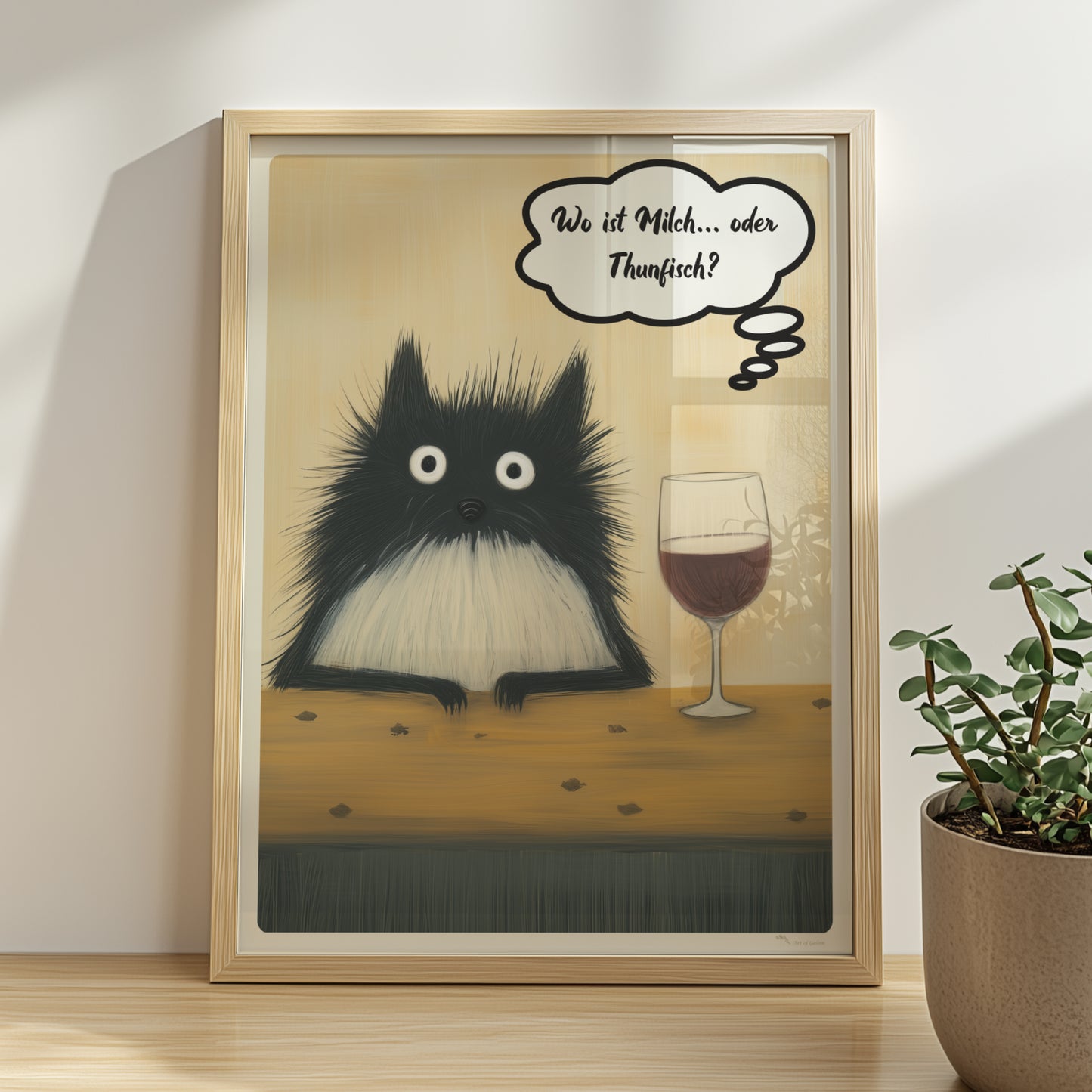 Schwarze Katzen mit großen Augen und frechem Spruch. Sprechblase mit Text "Wo ist Milch… oder Thunfisch?"