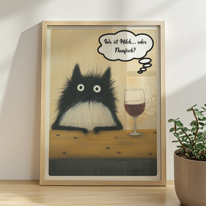Schwarze Katzen mit großen Augen und frechem Spruch. Sprechblase mit Text "Wo ist Milch… oder Thunfisch?"