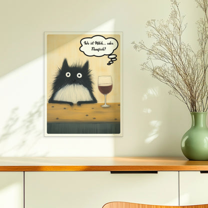 Schwarze Katzen mit großen Augen und frechem Spruch. Sprechblase mit Text "Wo ist Milch… oder Thunfisch?"