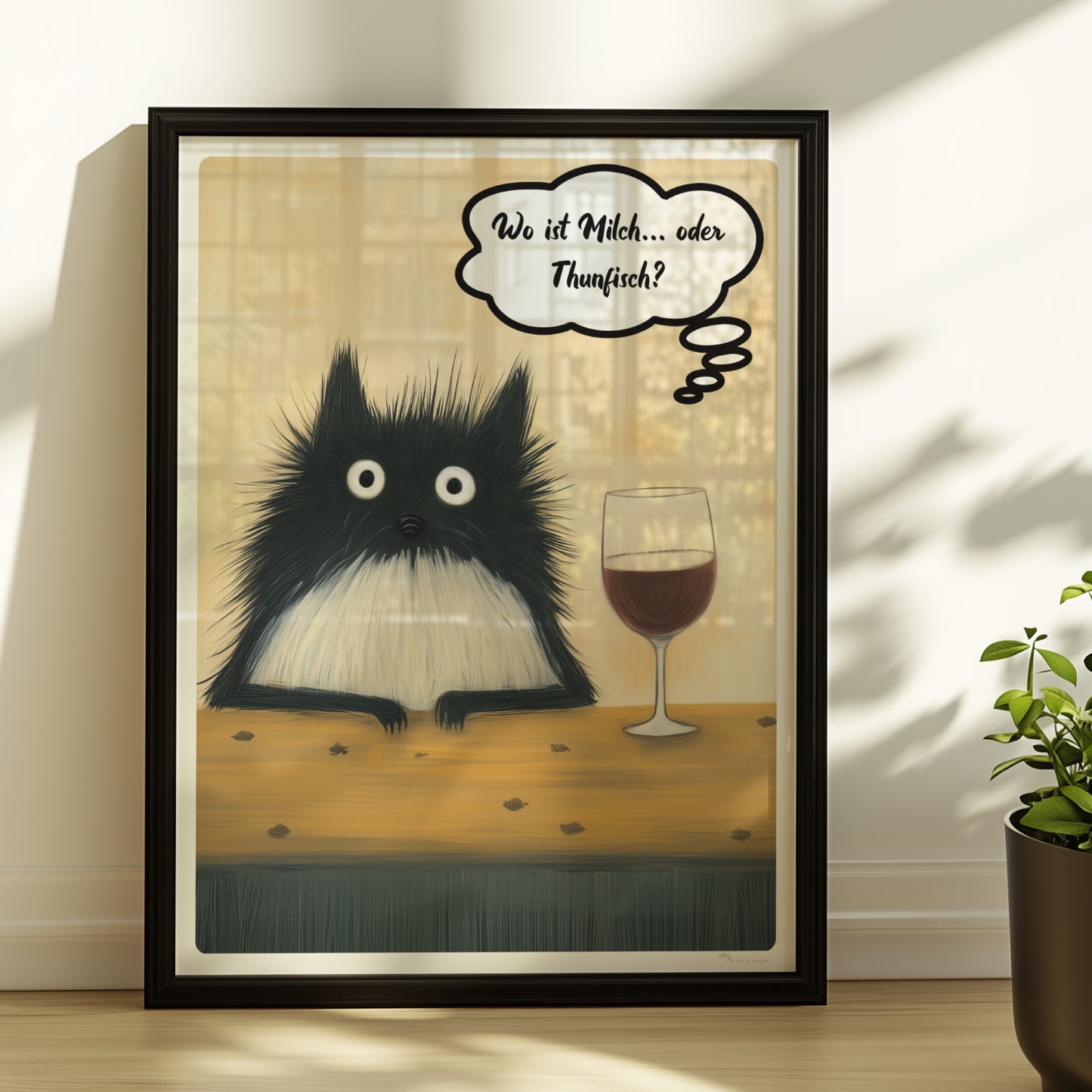 Schwarze Katzen mit großen Augen und frechem Spruch. Sprechblase mit Text "Wo ist Milch… oder Thunfisch?"
