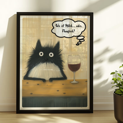 Schwarze Katzen mit großen Augen und frechem Spruch. Sprechblase mit Text "Wo ist Milch… oder Thunfisch?"