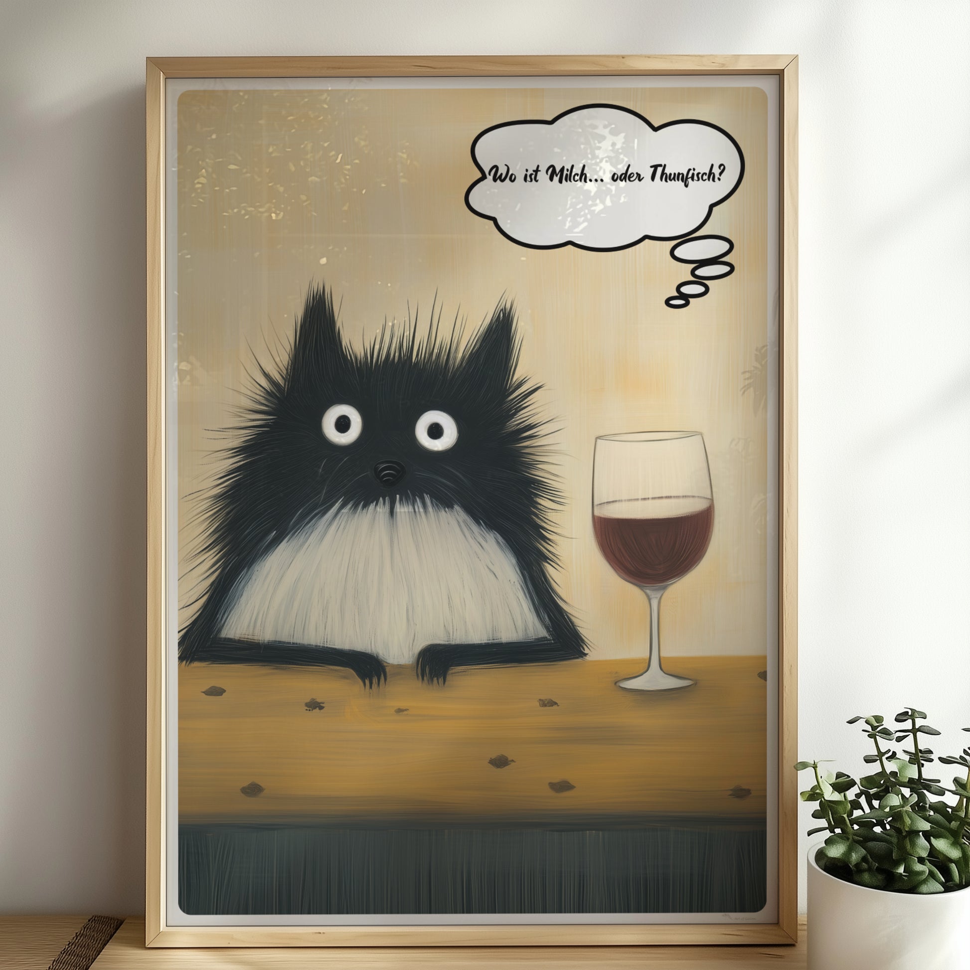 Schwarze Katzen mit großen Augen und frechem Spruch. Sprechblase mit Text "Wo ist Milch… oder Thunfisch?"