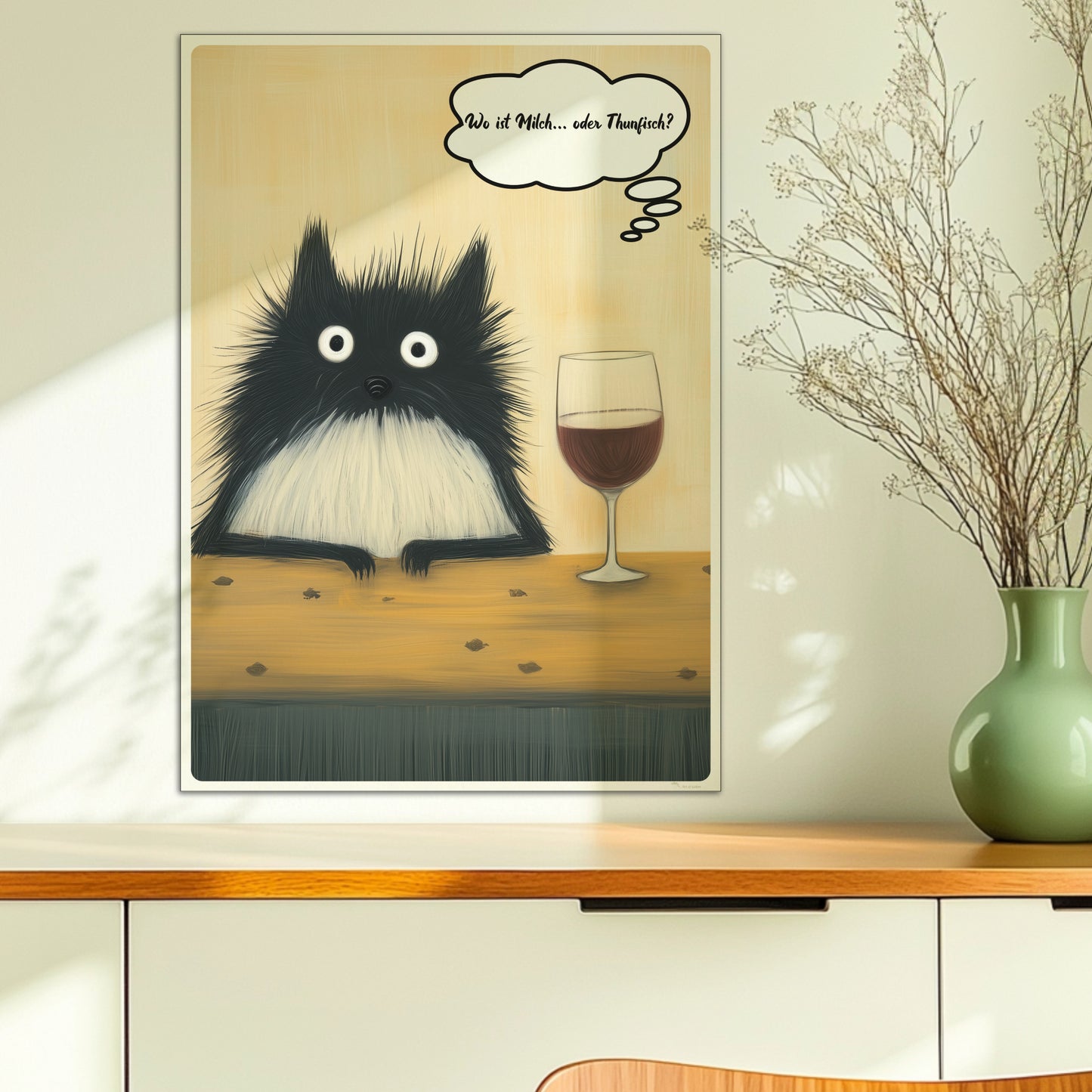 Schwarze Katzen mit großen Augen und frechem Spruch. Sprechblase mit Text "Wo ist Milch… oder Thunfisch?"