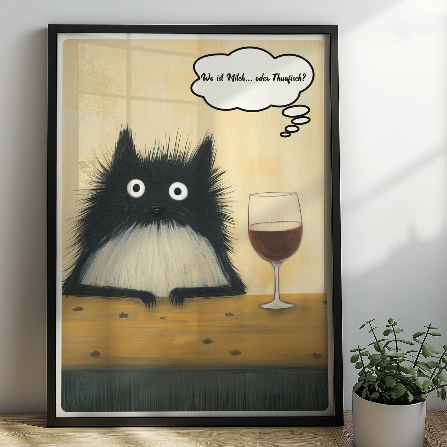 Schwarze Katzen mit großen Augen und frechem Spruch. Sprechblase mit Text "Wo ist Milch… oder Thunfisch?"