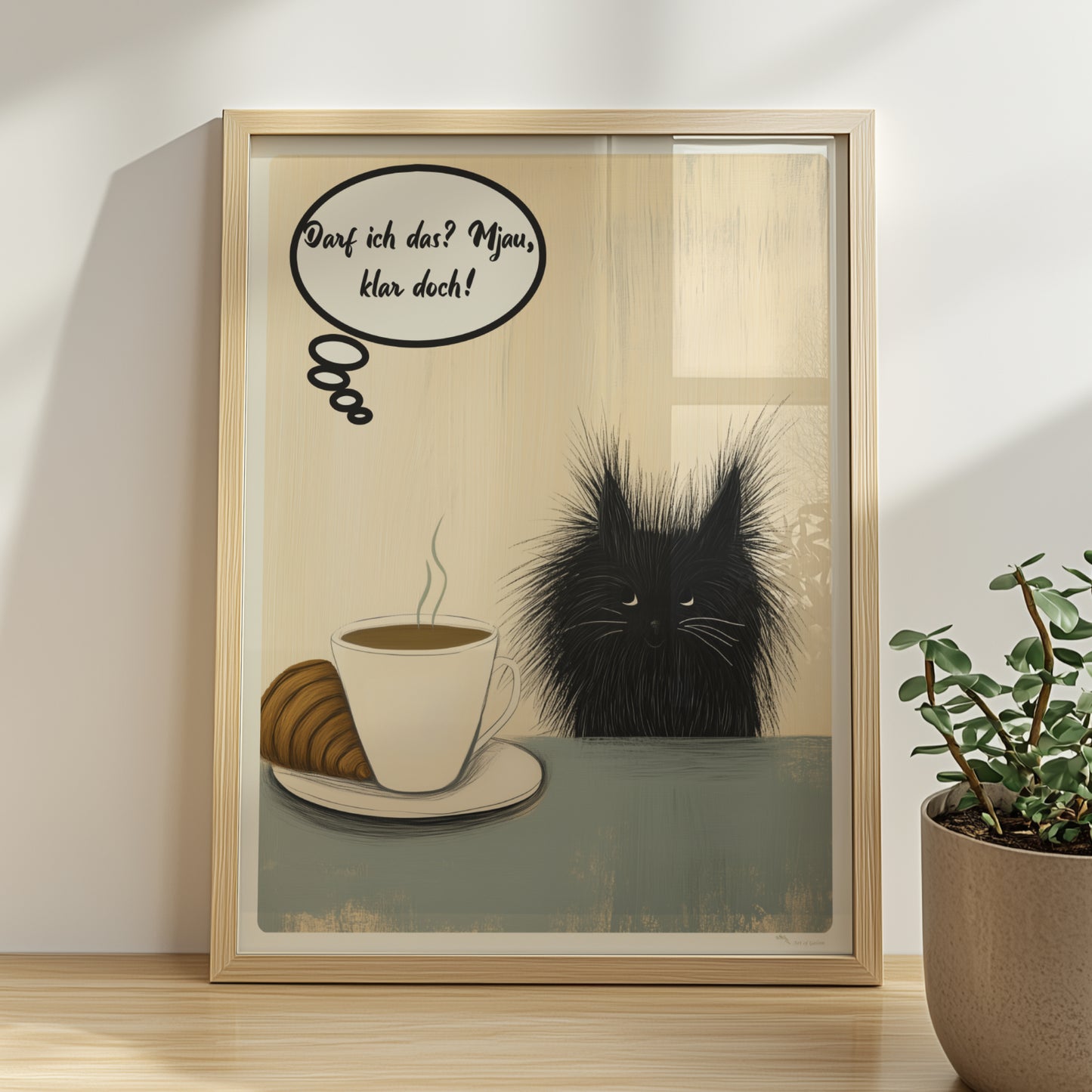 Süßes Katzenbaby mit Cafe und Croissant mit Sprechblase und Text "Darf ich das? Mjau klar doch"