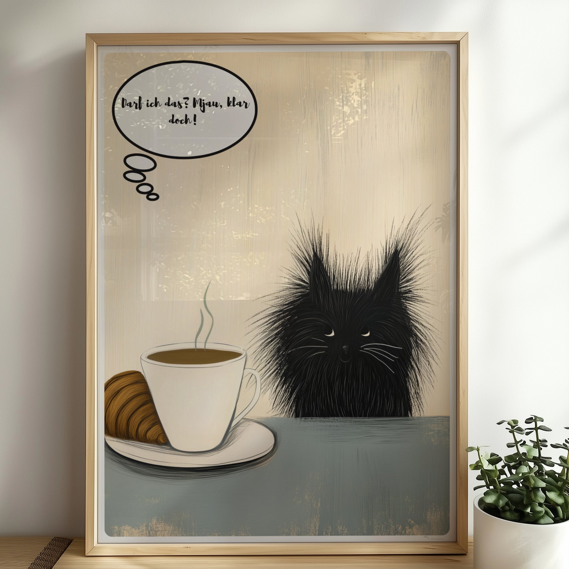 Süßes Katzenbaby mit Cafe und Croissant mit Sprechblase und Text "Darf ich das? Mjau klar doch"