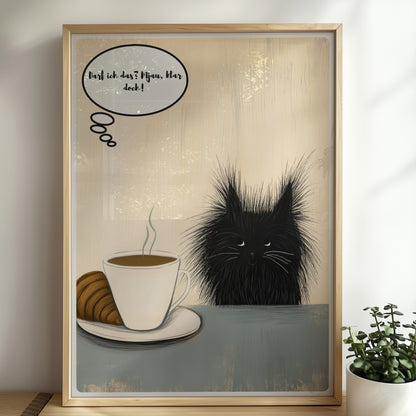 Süßes Katzenbaby mit Cafe und Croissant mit Sprechblase und Text "Darf ich das? Mjau klar doch"