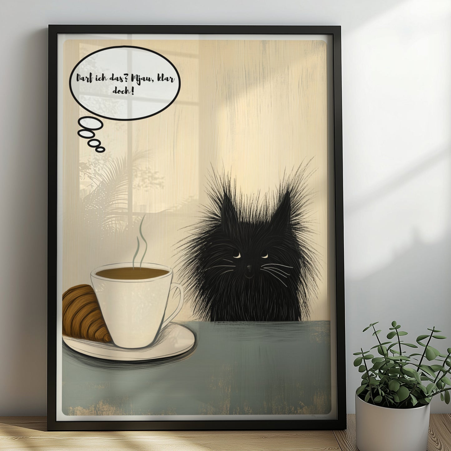 Süßes Katzenbaby mit Cafe und Croissant mit Sprechblase und Text "Darf ich das? Mjau klar doch"